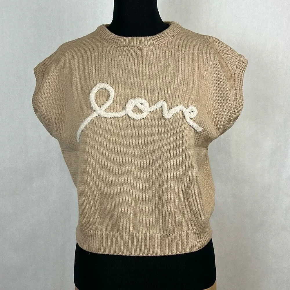 NEW mittoshop LOVE Sweater Vest Sz Medium Tan Sleeveless Knit